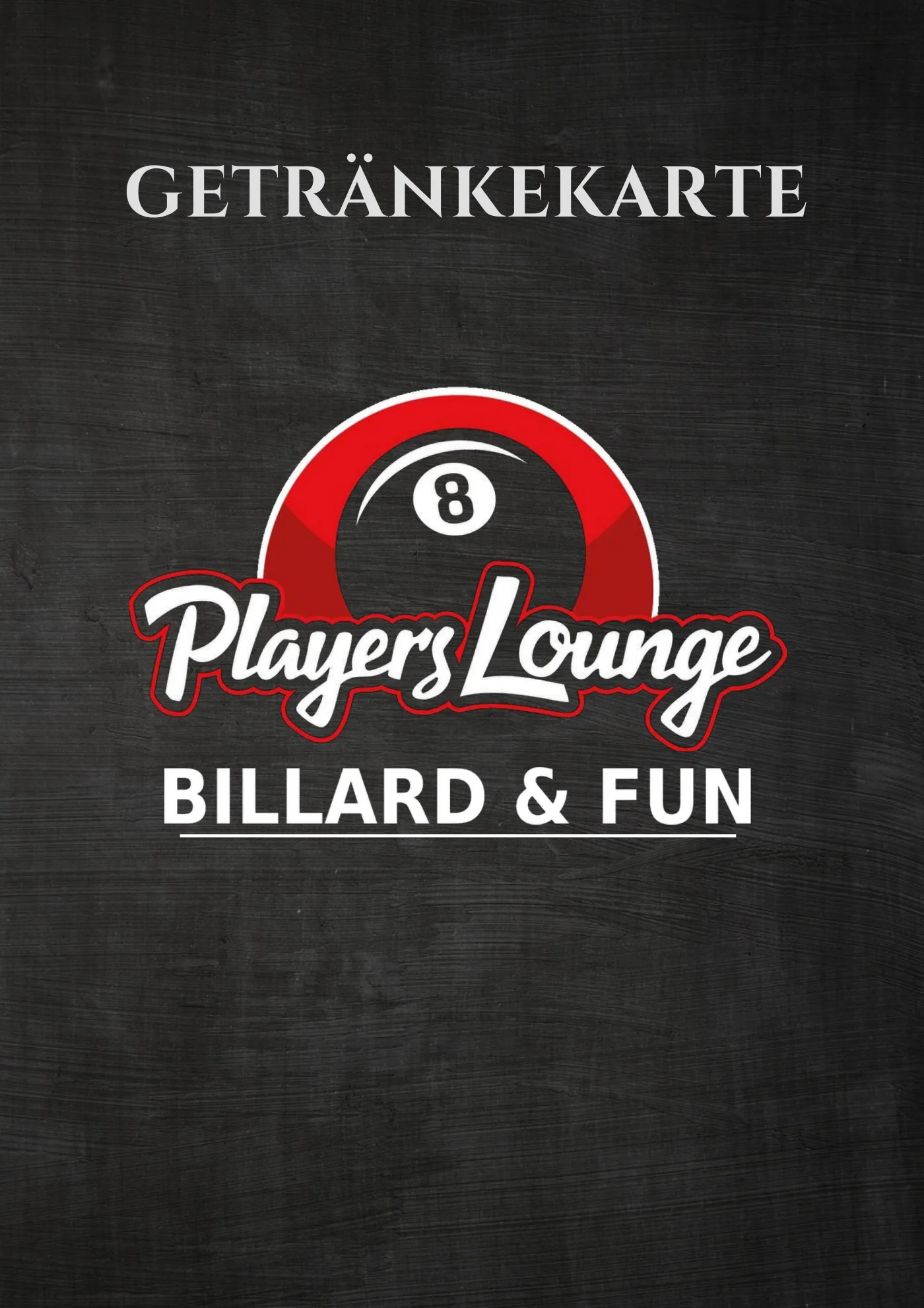 Karte Players Lounge Voerde, Seite 1: Getränkekarte, Titelseite