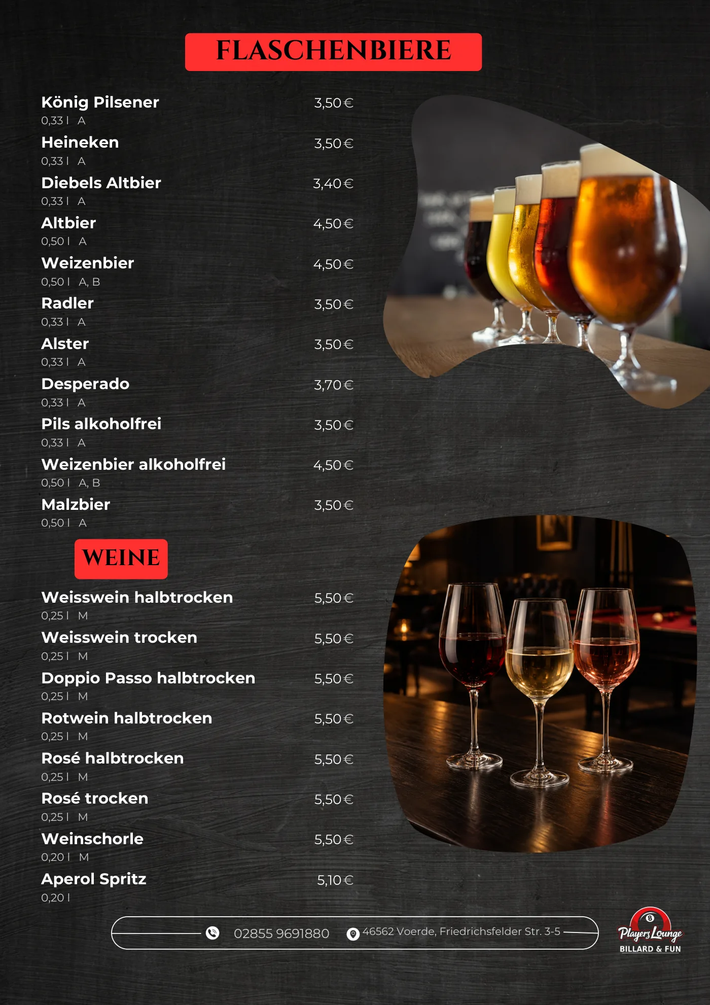 Karte Players Lounge Voerde, Seite 2: Flaschenbiere und Weine