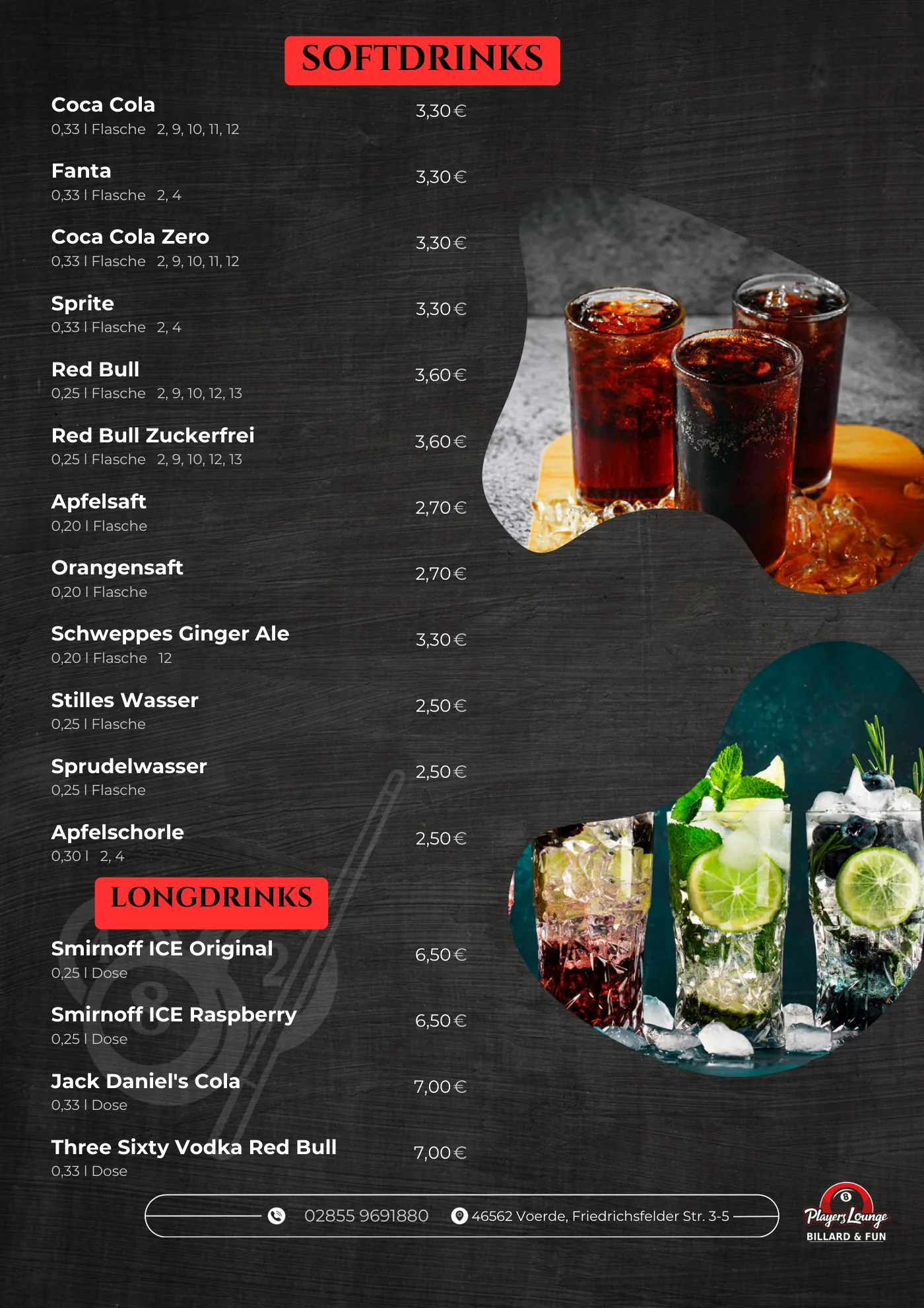Karte Players Lounge Voerde, Seite 3: Softdrinks und Longdrinks