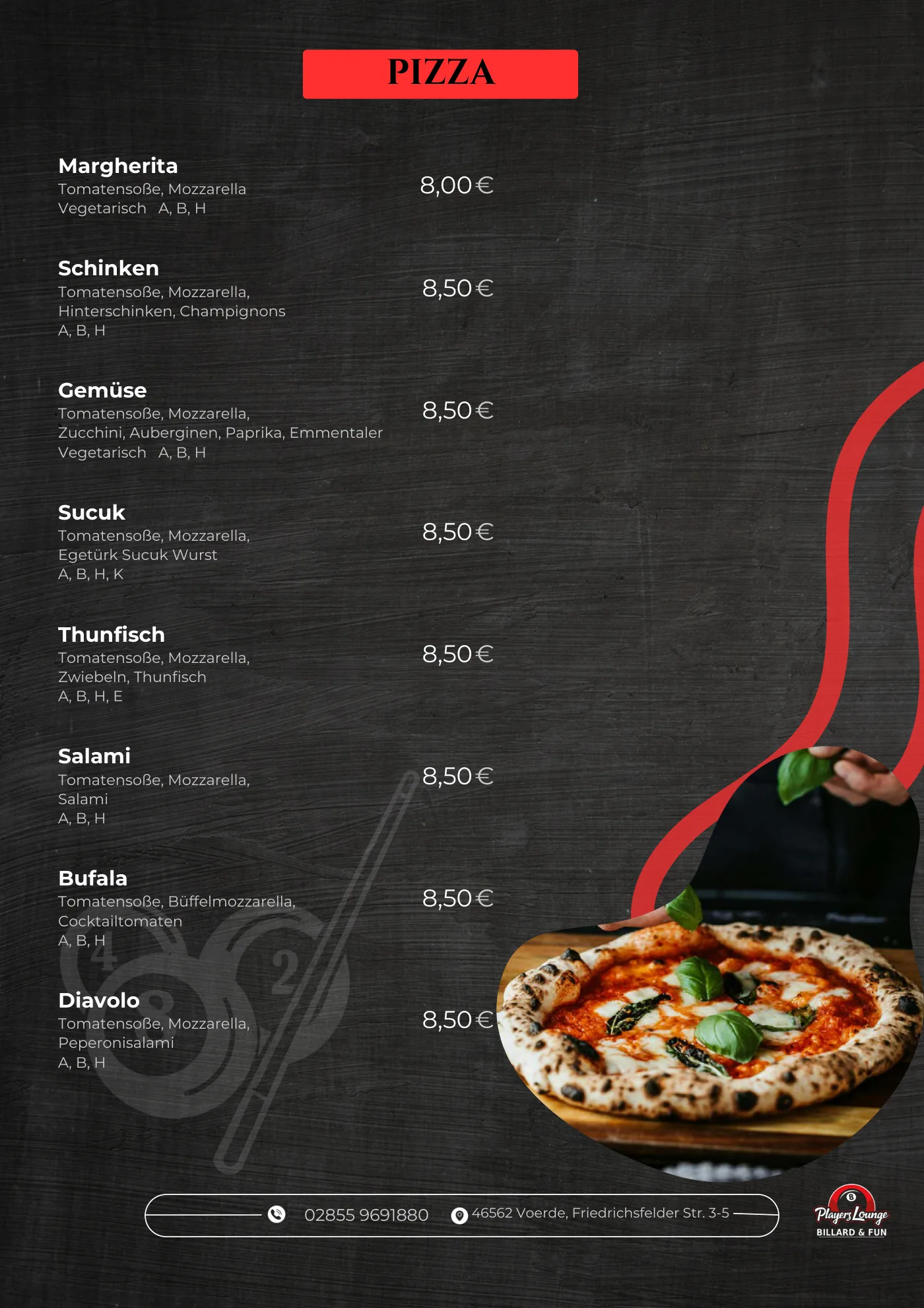 Karte Players Lounge Voerde, Seite 6: Pizza