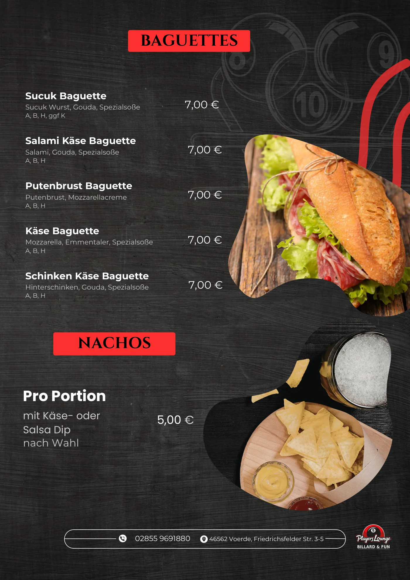 Karte Players Lounge Voerde, Seite 7: Baguettes und Nachos
