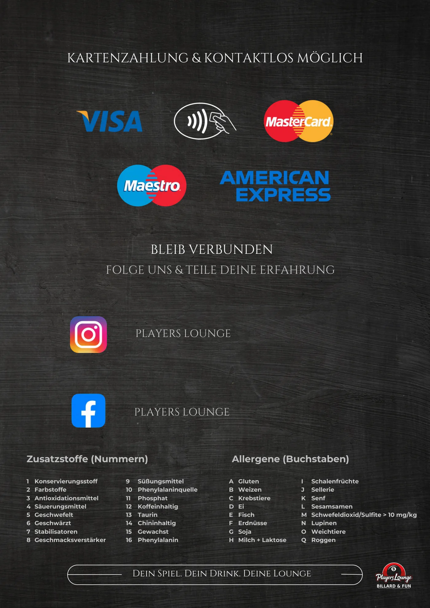 Karte Players Lounge Voerde, Seite 8: Kartenzahlung, Zusatzstoffe und Allergene